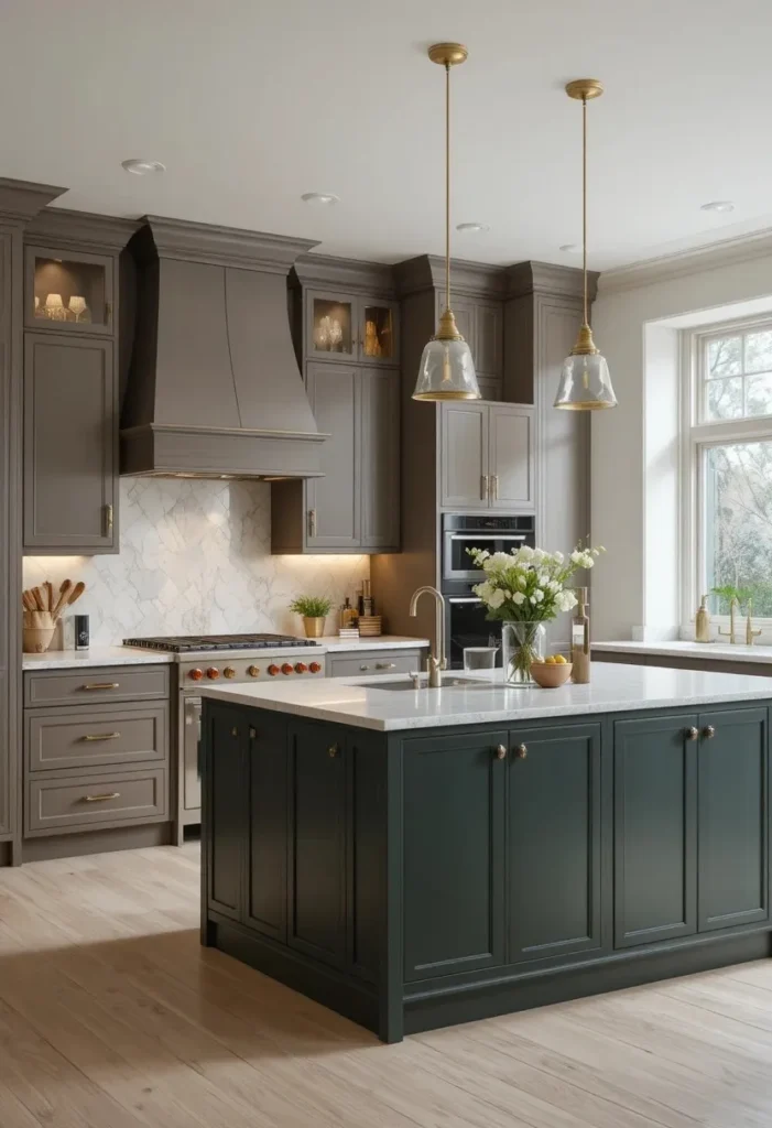 Two-tone L-shaped kitchen with a bold contrasting island centerpiece.