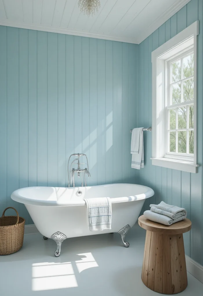 Pale blue tongue and groove bathroom walls with coastal-inspired decor and a white bathtub.
