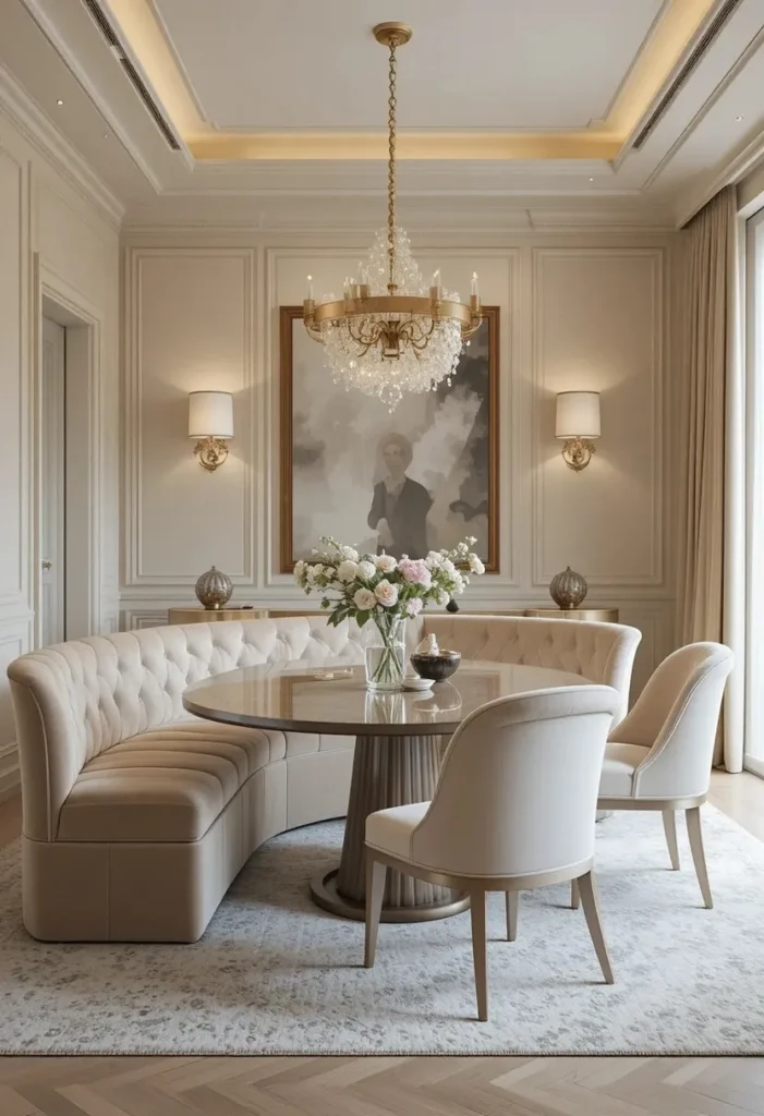 Modern dining room featuring curved furniture including an oval table and rounded seating.