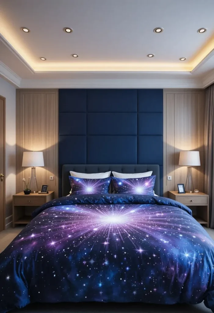 Galaxy print bedding creating a colorful cosmic centerpiece in a modern bedroom.