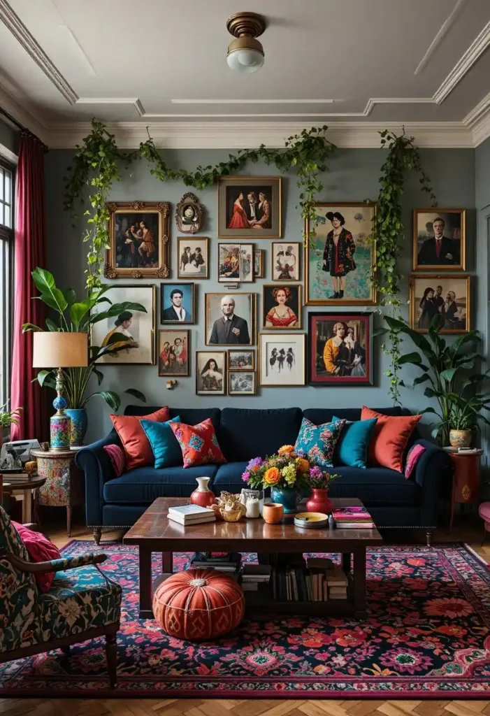 Black couch anchoring a colorful maximalist living room full of personality.