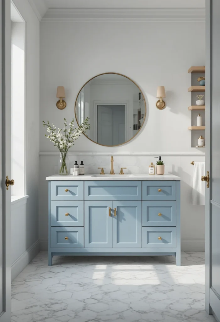 Dusty blue bathroom vanity with brass hardware and white walls creating understated elegance.