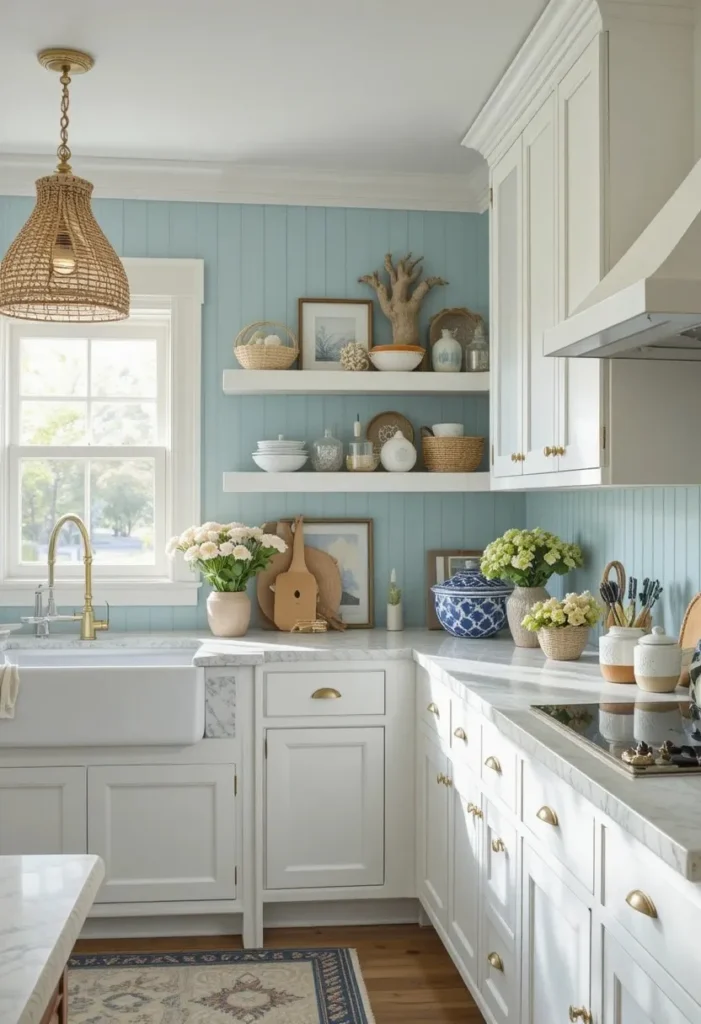 Pale blue beadboard backsplash creating a fresh coastal cottage kitchen aesthetic.