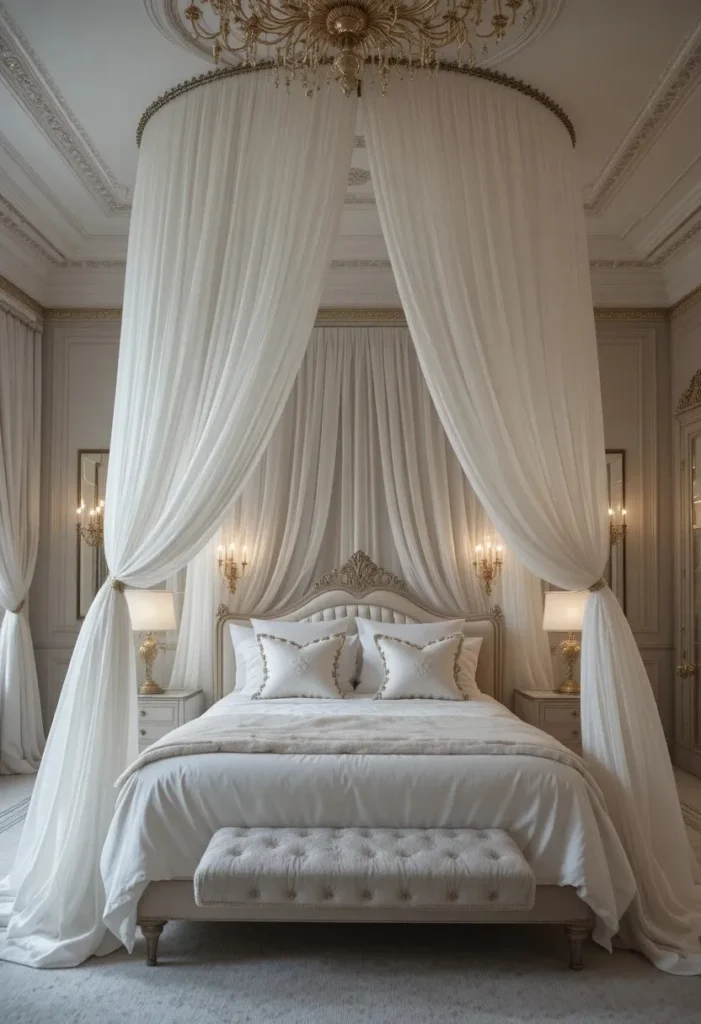 Master bedroom featuring flowing canopy drapes for a romantic look.