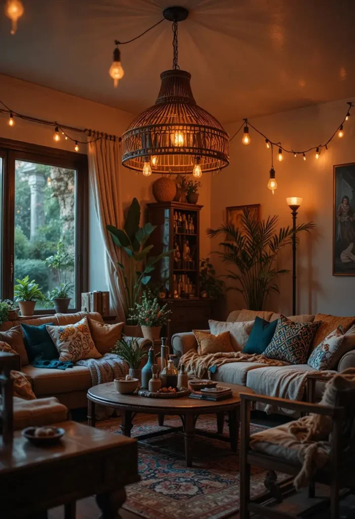 Warm ambient lighting creating a cozy bohemian living room atmosphere.