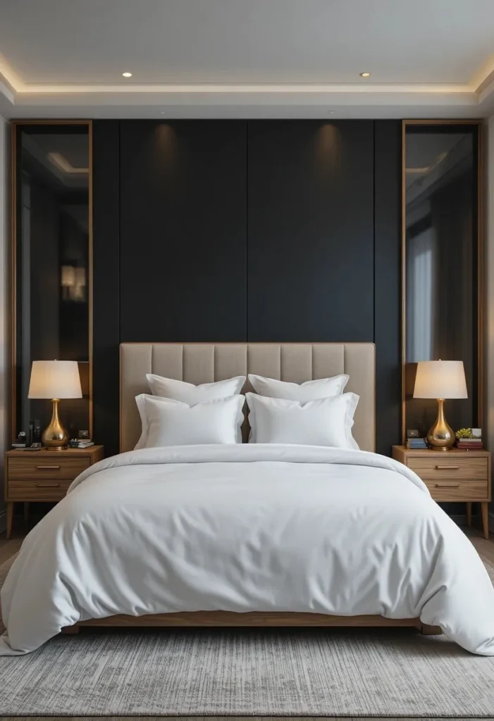 Matte black accent wall behind a bed with white bedding and brass lighting.