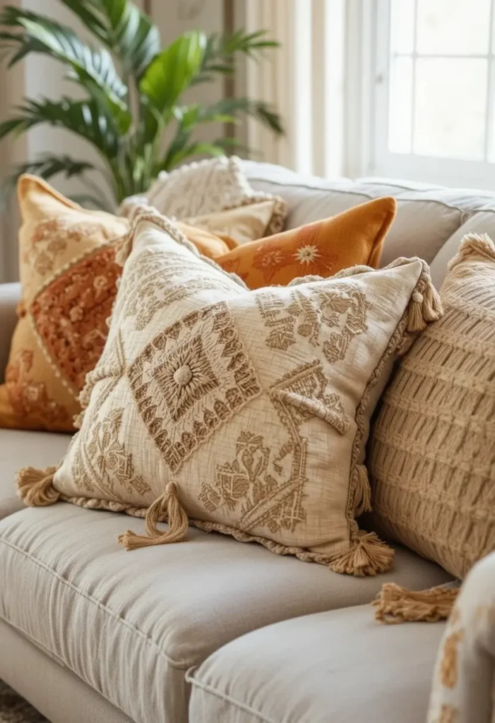 Colorful textured throw pillows layered on a boho living room sofa.