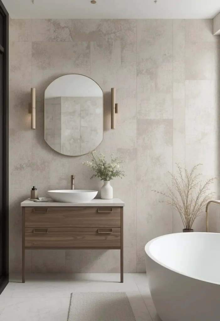 Faux textured wallpaper creating depth and warmth in a bathroom.