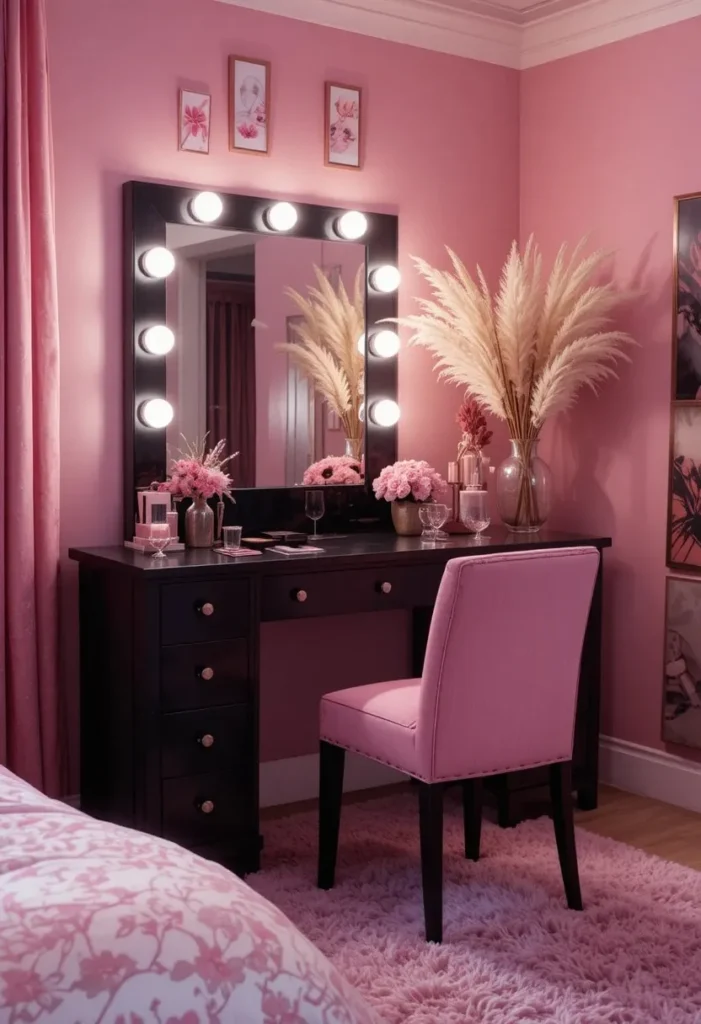 Pink and black bedroom featuring a glamorous vanity corner with illuminated mirror.