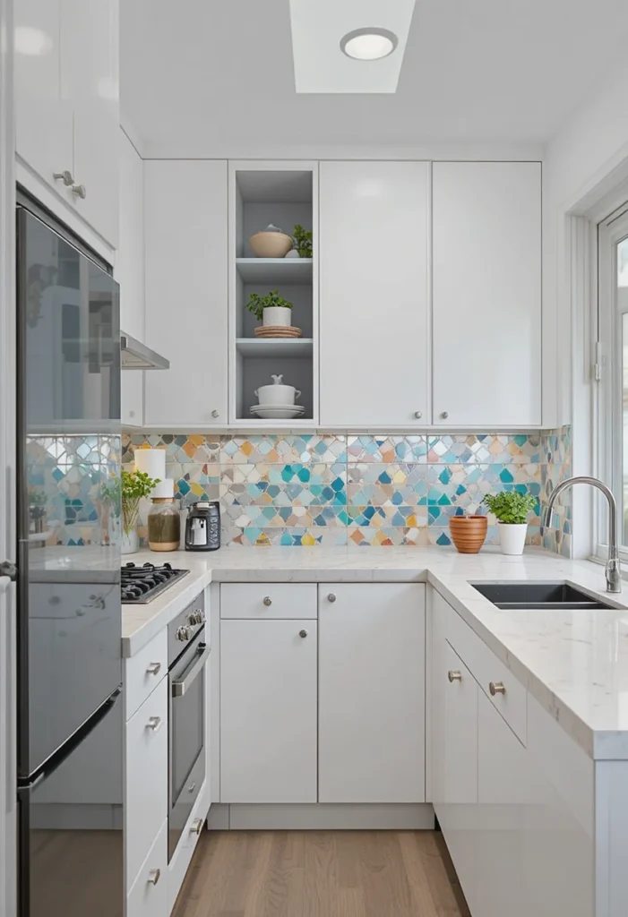Bold patterned backsplash adding personality and visual depth to a small kitchen.