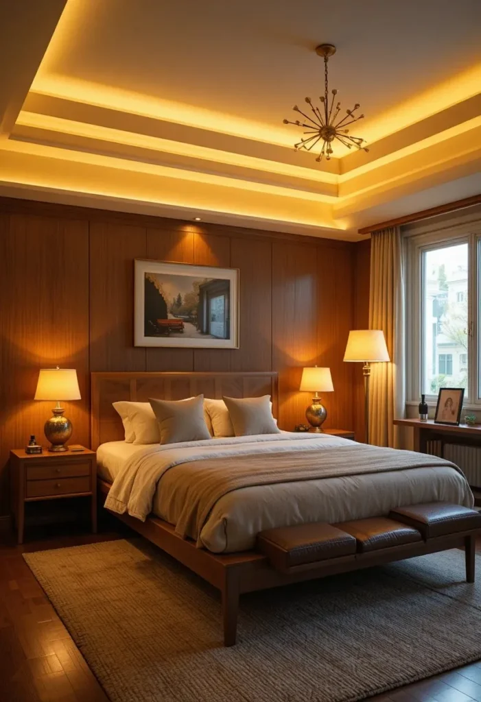 Layered warm lighting enhancing the cozy atmosphere of a mid century modern bedroom.
