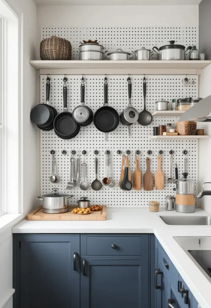 Kitchen pegboard organizing cookware and utensils while saving counter space.