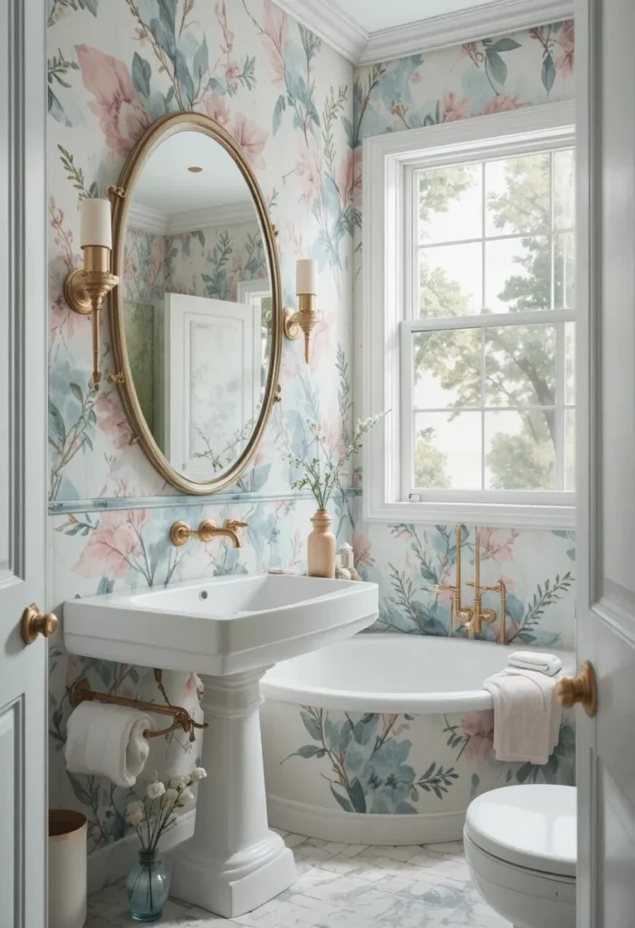 Watercolor wallpaper adding soft artistic beauty to a bathroom.