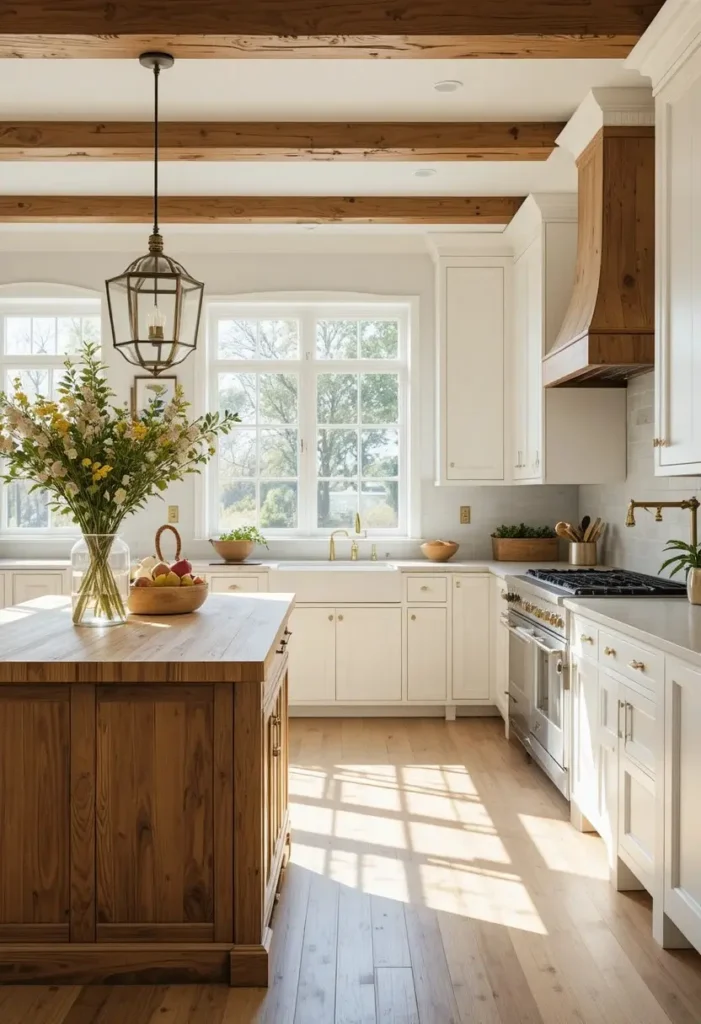 Natural wood island adding warmth and texture to a one wall kitchen.