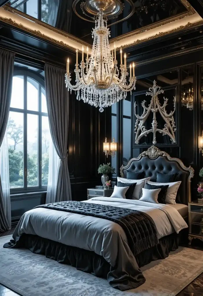 Crystal chandelier illuminating a glamorous black and silver bedroom.