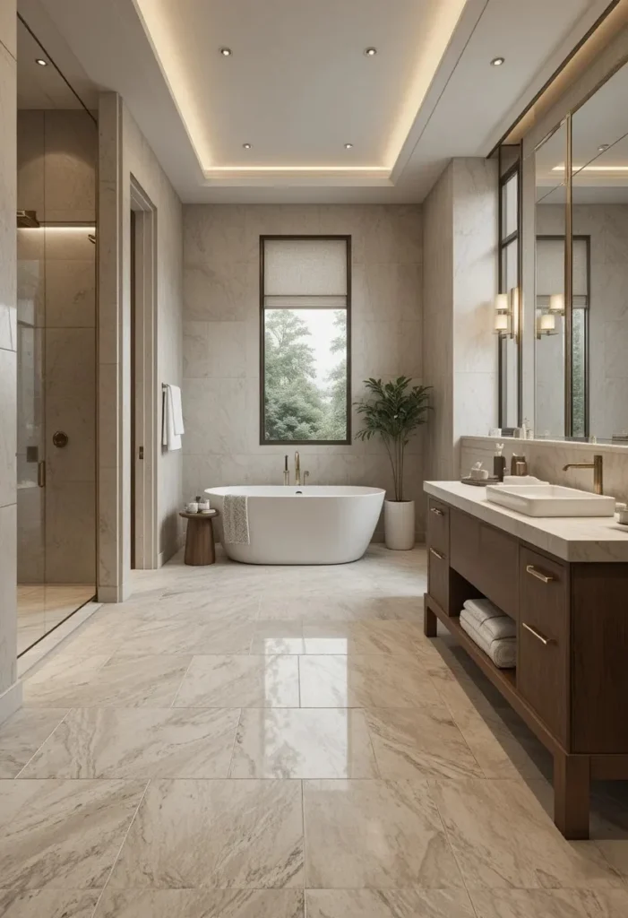 Large format floor tiles creating a seamless and spacious bathroom design.