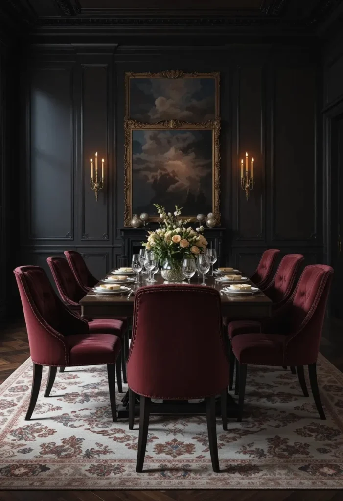 Dining room with rich burgundy velvet chairs adding luxury and texture to the space.