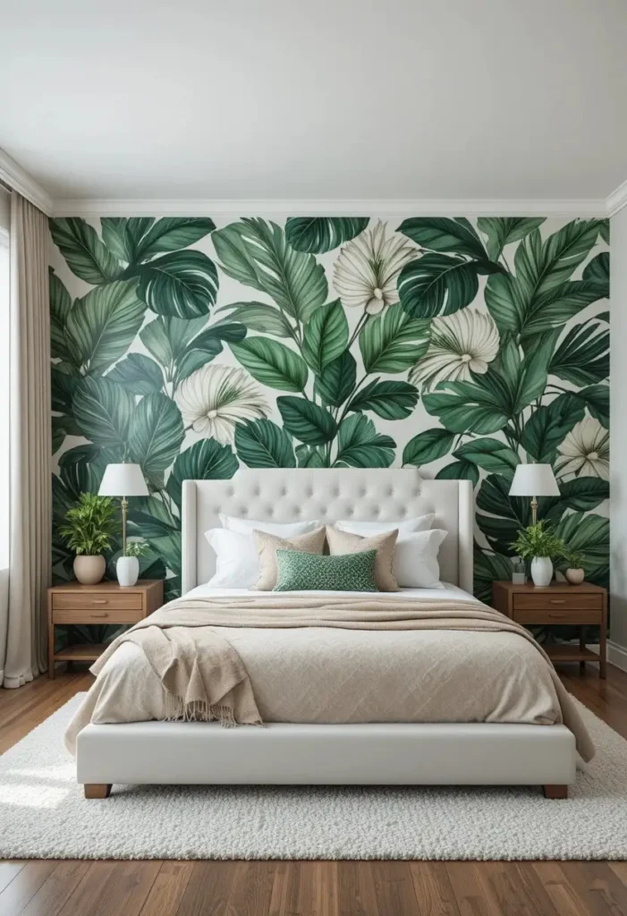 Green botanical wallpaper accent wall behind a modern bedroom bed.