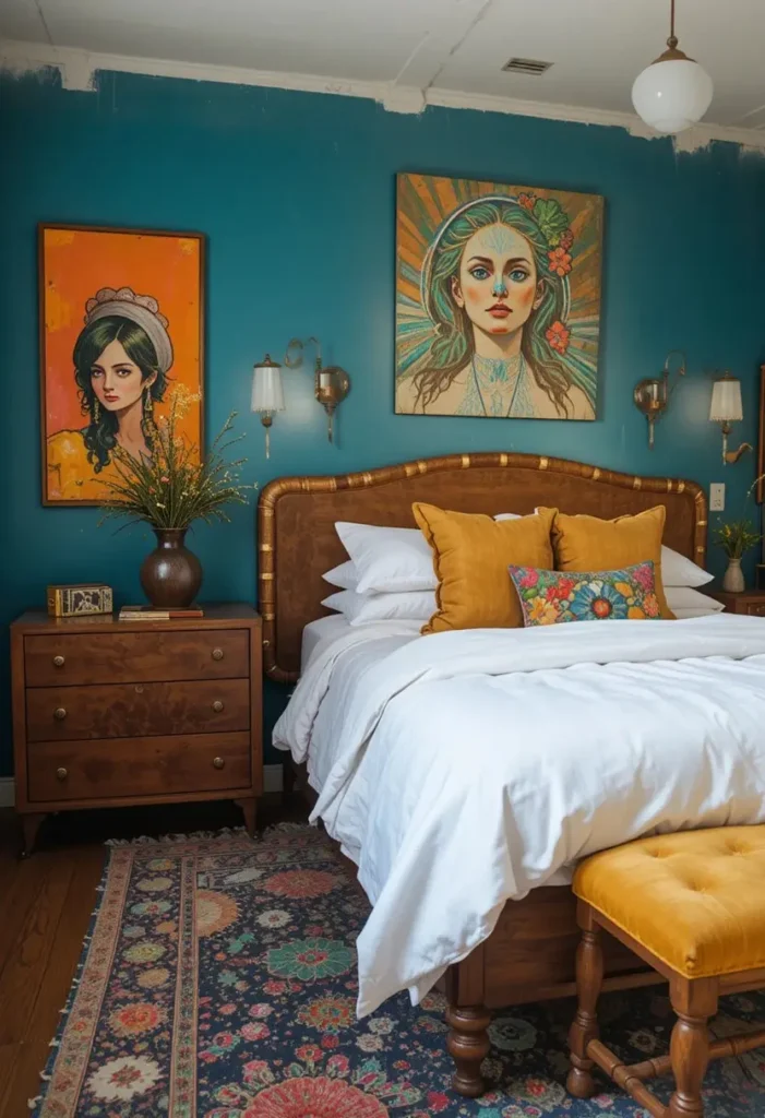 Bold teal blue bedroom with warm copper and wood accents