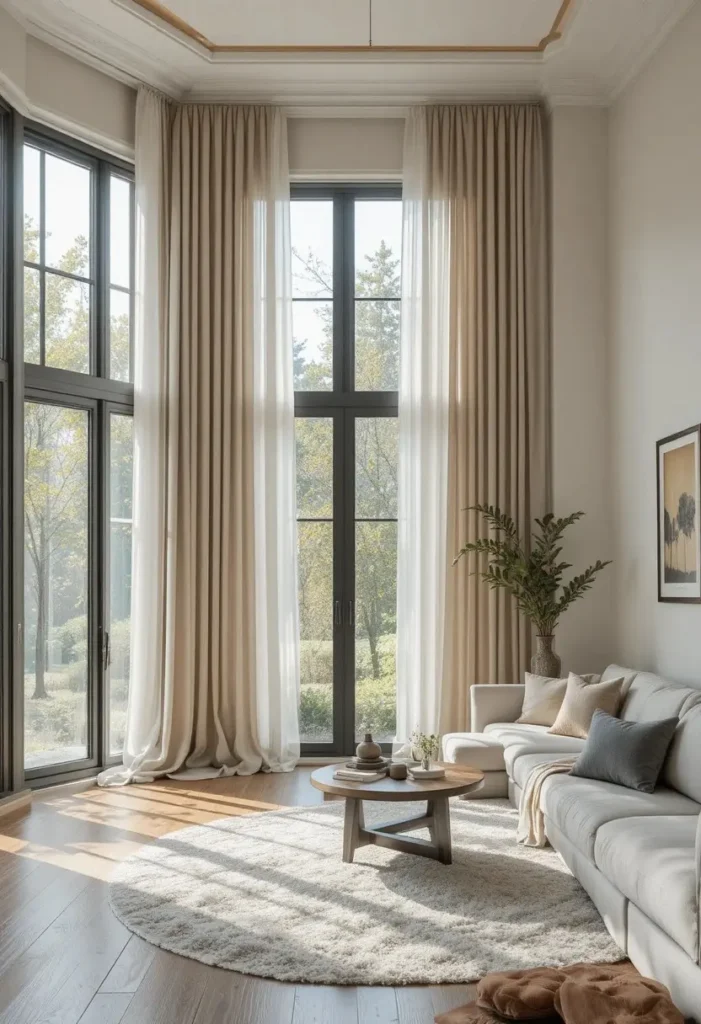 Floor-to-ceiling curtains making the living room feel taller and elegant.