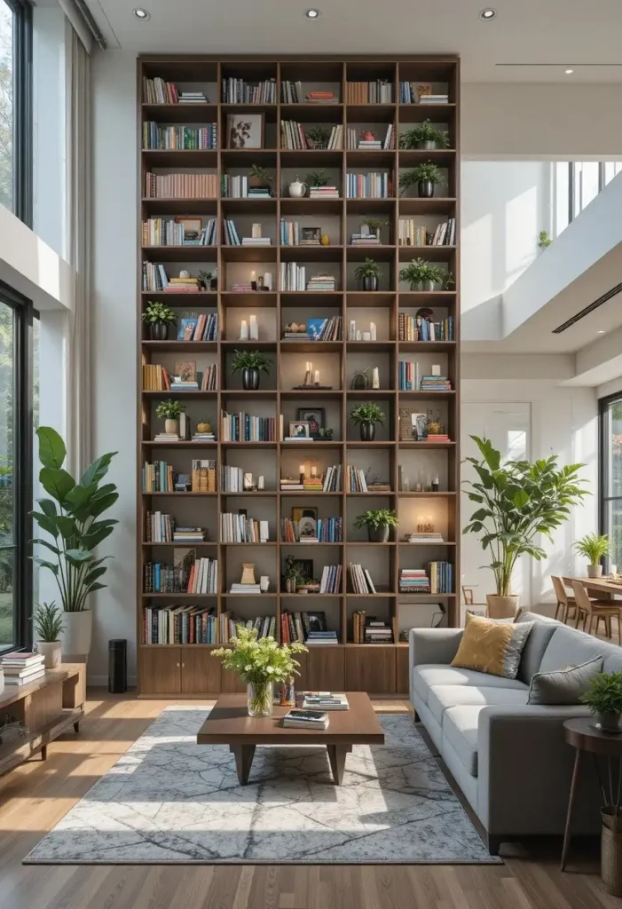 Open bookshelf room divider separating spaces while providing stylish storage.