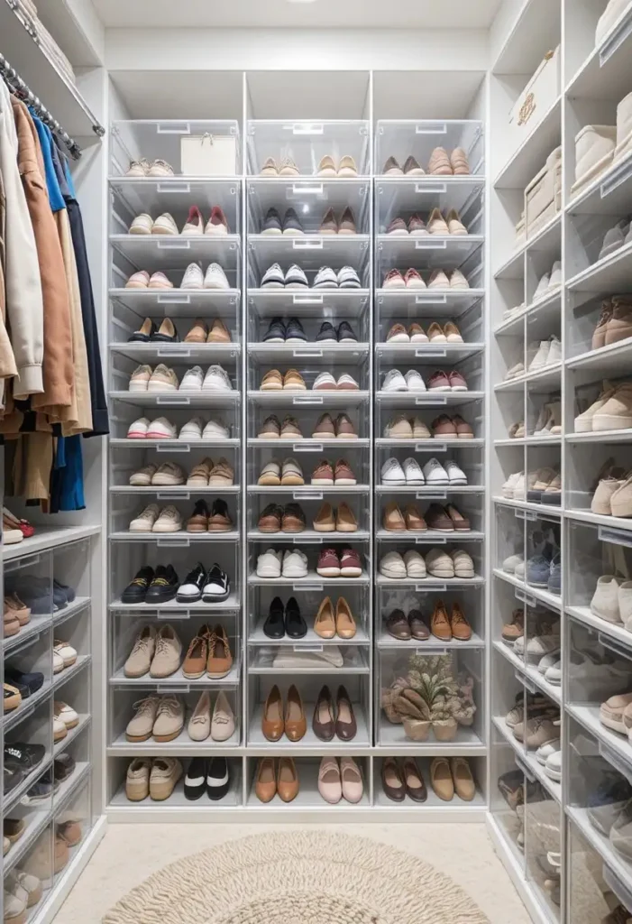Clear stackable shoe boxes keeping footwear visible and dust free.