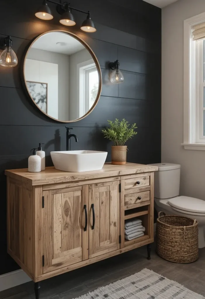 Farmhouse bathroom with black shiplap accent wall and oak vanity.
