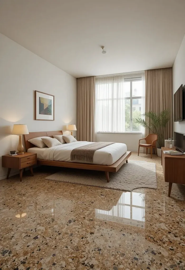 Terrazzo flooring adding retro character to a mid century modern bedroom.