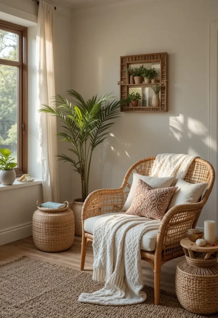Rattan and wicker furniture adding natural texture to a boho living room.