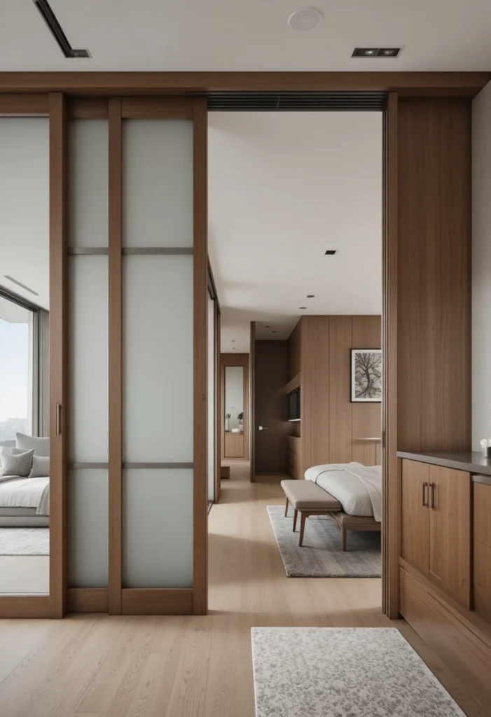 Sliding panel room divider creating sleek modern separation between spaces.