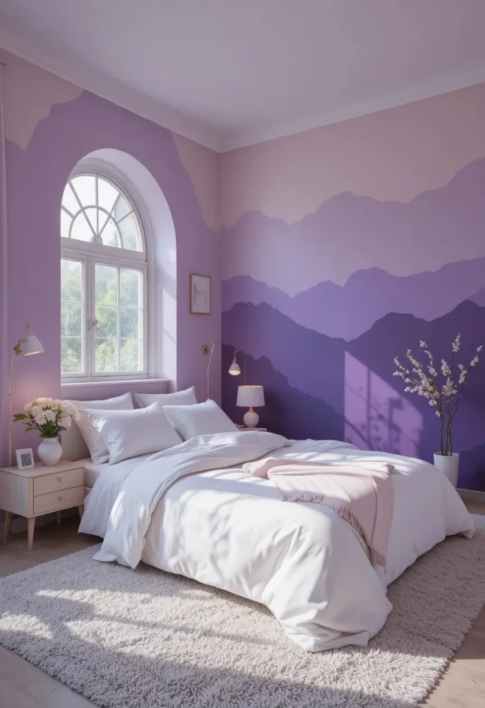Purple ombre bedroom wall creating a stunning gradient effect from lilac to plum.