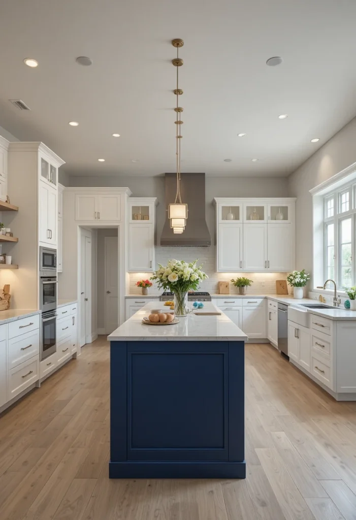 Long kitchen featuring a contrasting island as a central focal point