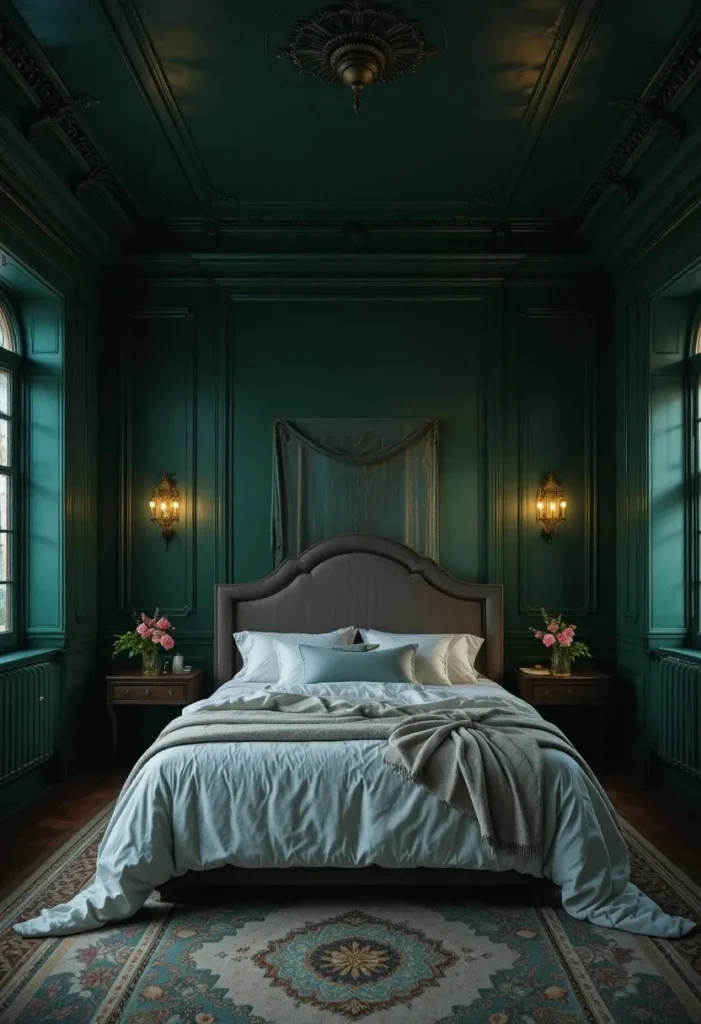 Cozy bedroom fully wrapped in dark green walls and ceiling with warm lighting and white bedding