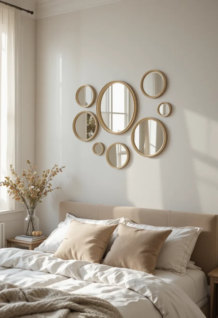 Three round mirrors grouped together as decorative bedroom wall art.