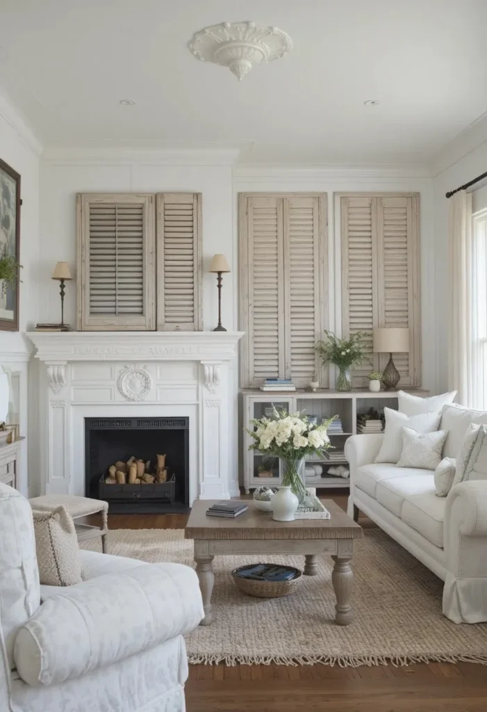 Wooden shutter panels adding rustic farmhouse character to a living room wall.