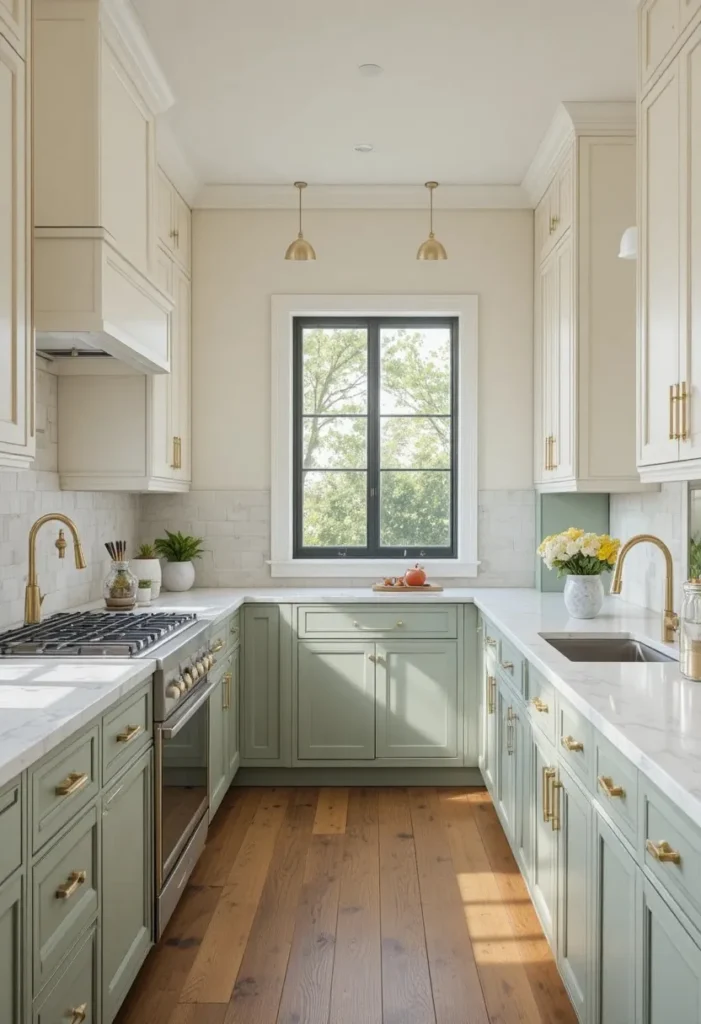 Two-tone galley kitchen featuring cream upper cabinets and sage green lower cabinets.
