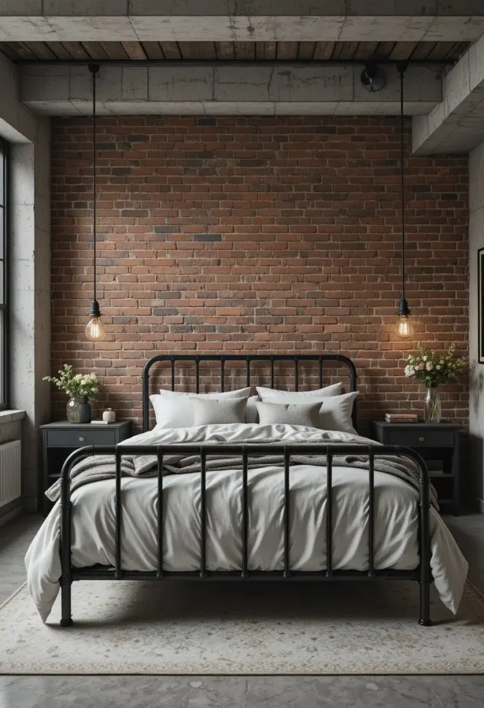 Exposed brick accent wall creating an industrial-style bedroom design.