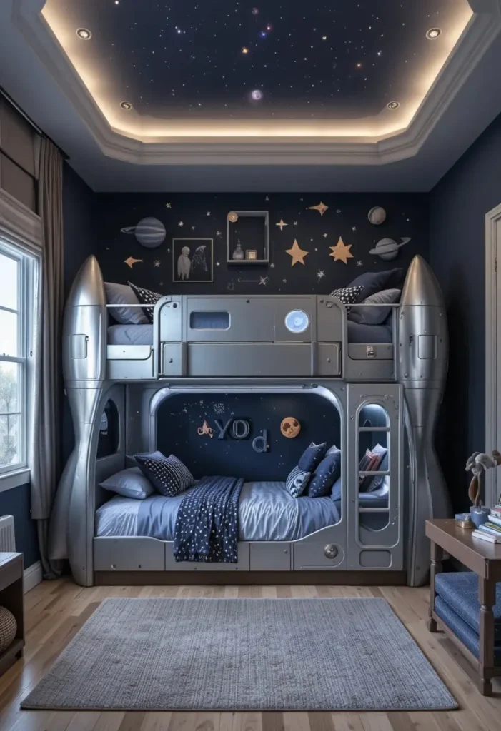 Rocket ship bunk bed in a space themed kids bedroom with glowing LED lights and planet decor.