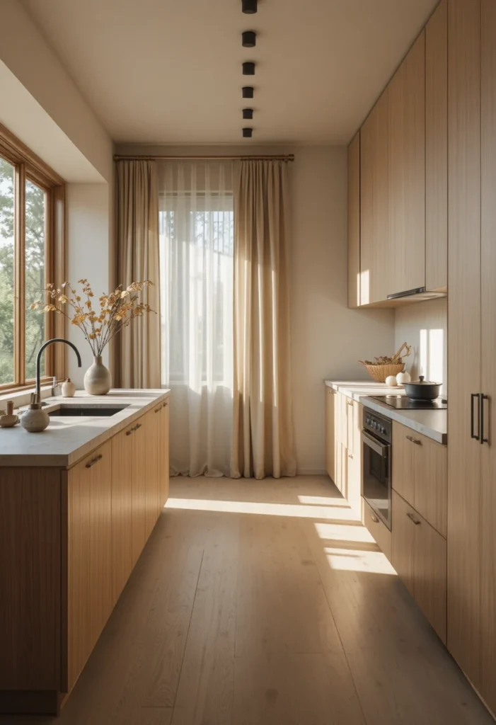 Japandi kitchen featuring a warm neutral earthy color palette with natural materials.