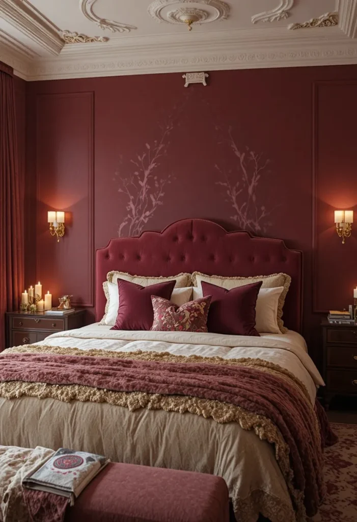 Burgundy accent wall creating a warm and luxurious bedroom atmosphere.