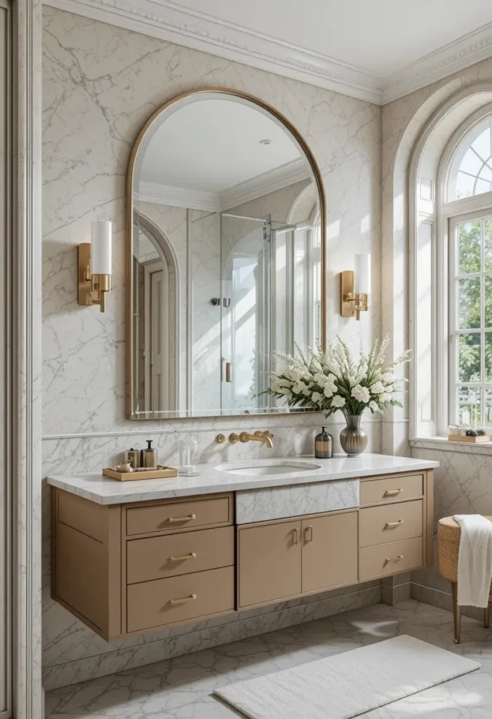 Arched statement mirror serving as a focal point in a primary bathroom.