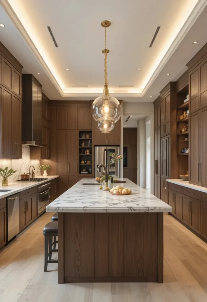 Stylish long kitchen with peninsula creating seating and prep space