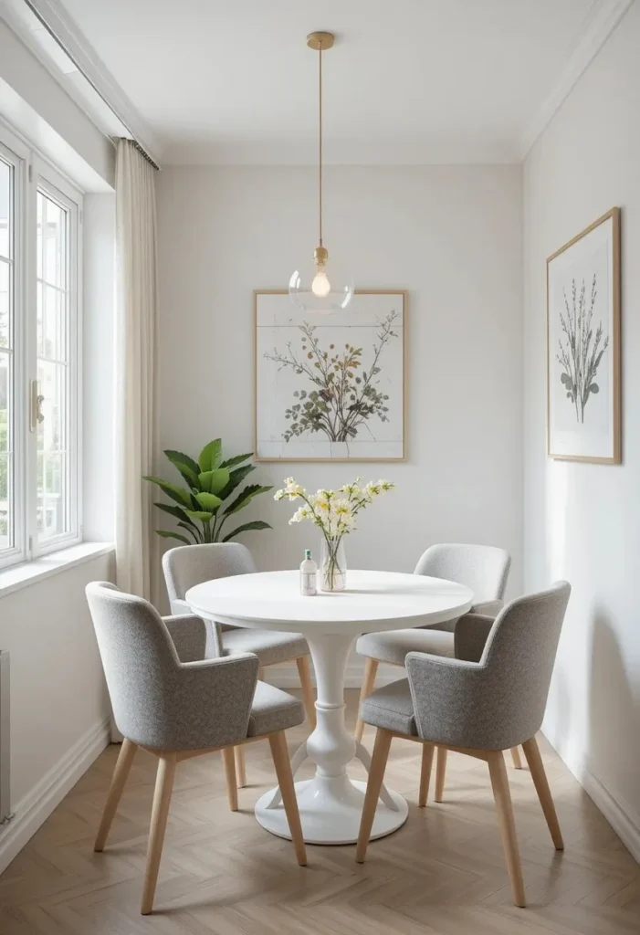 Compact dining room with a round white table and armless chairs creating an open modern feel.