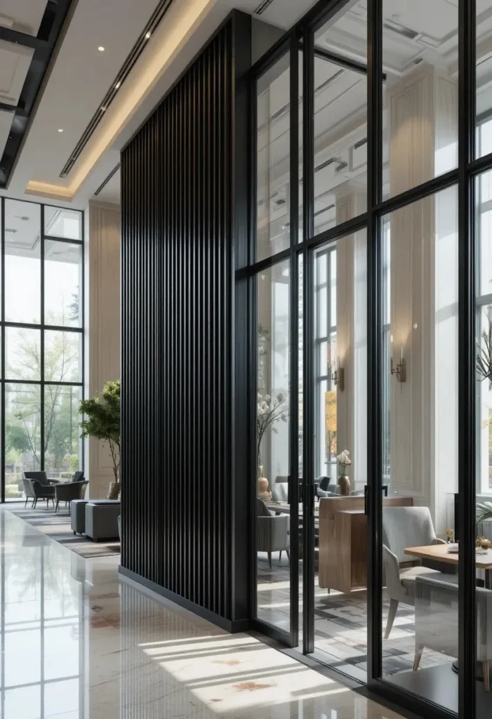 Fluted glass partition providing stylish room separation while preserving light.