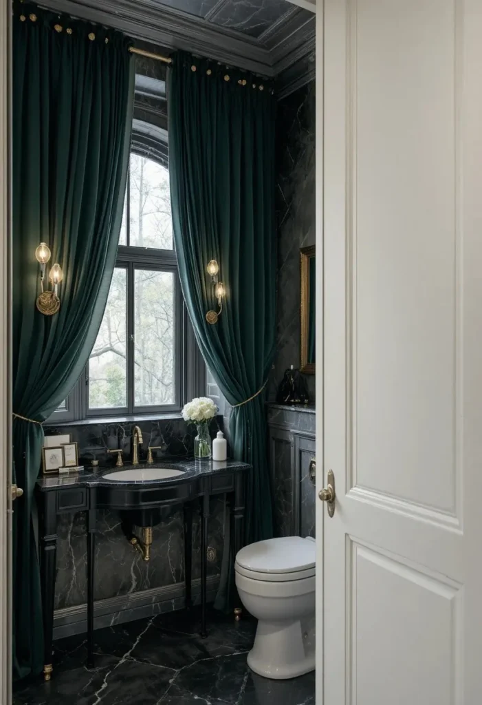 Forest green velvet curtains bringing drama and luxury to a bathroom.