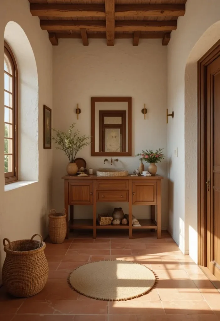 Terracotta bathroom floor tiles creating a warm and earthy atmosphere.