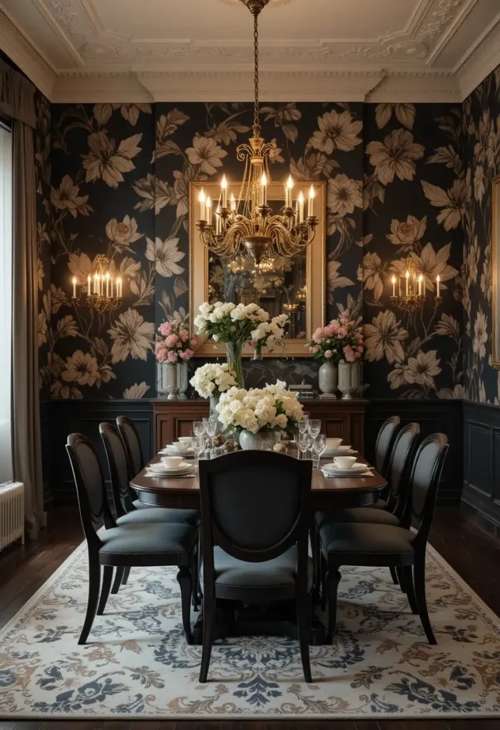 Dining room showcasing dark floral wallpaper with oversized botanical designs.