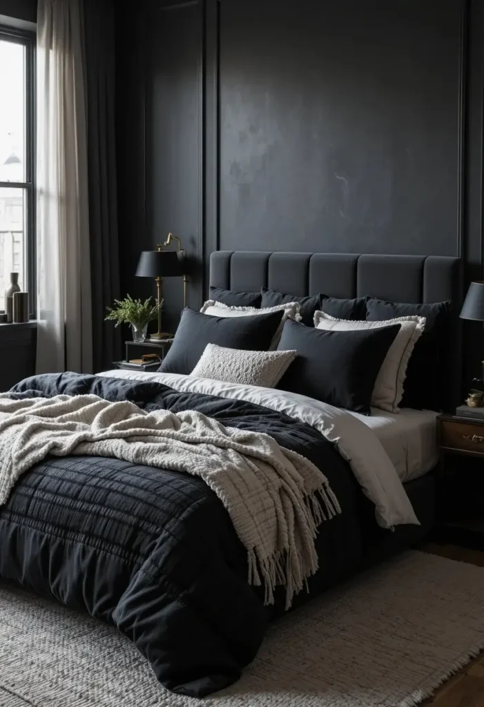 Black bedroom with rich textured bedding in soft neutral layers