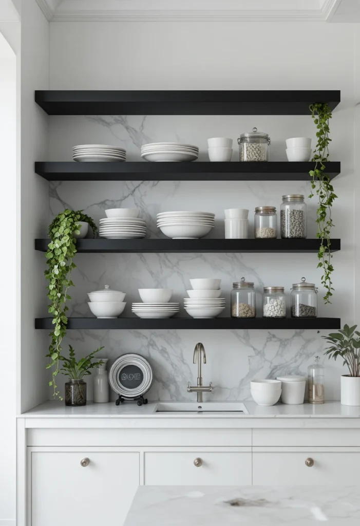 Matte black floating shelves creating striking contrast in a modern kitchen.