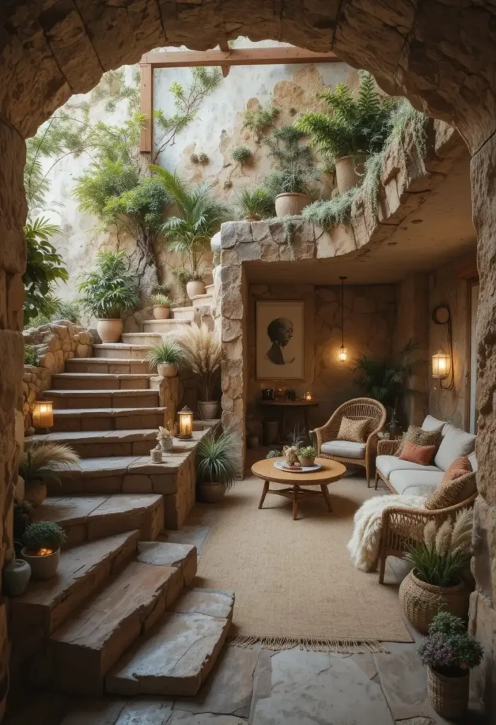 Outdoor-inspired sunken living room featuring stone, wood, and natural organic textures.